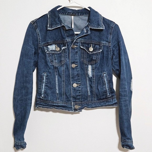 Free People Jean Jacket Womens‎ Sz 0 Motorcycle Trucker Distressed Blue Denim - Picture 1 of 9